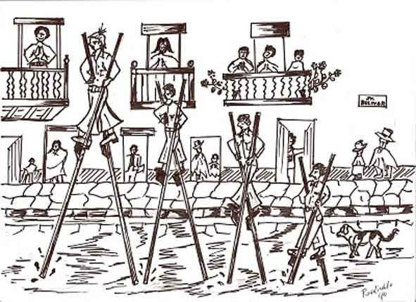 “Concurso de Zancos” ilustración muy expresiva y alusiva de Victor Hugo Alvites Moncada.